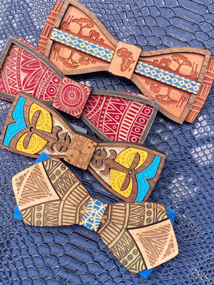 African Inspired Design Wood Bow Tie Set